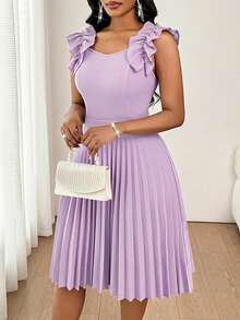 SHEIN Lady Đầm ngắn thời trang nữ màu trơn, phối vai, xếp ly ở gấu váy. - Màu tím hoa cà - Xem 4