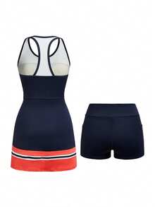 Cheerettes Vestido deportivo de mujer con espalda de tirantes de contraste y shorts - Azul - Ver 2