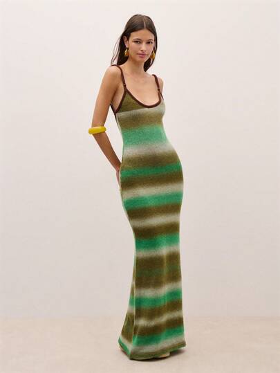 Nöista Color-Blocked Gradient Knit Slip Dress Features A Fitted Silhouette And A Natural Blend Of Green And Earth Tones. Made From Soft Knit Fabric And Adorned With Beaded Accents, It's Suitable For Various Occasions And Spring/Summer Wear, Making It A Stylish And Practical Choice.