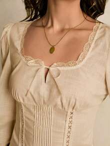 Poéselle Women's Contrast Lace Bow Decor Square Collar Long Sleeve Blouse - Khaki - View 3
