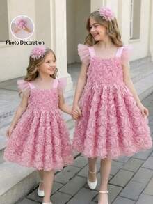 SHEIN Elladie kids 小女孩优雅3D立体花卉刺绣短袖连衣裙，公主裙，适合表演、派对、生日、婚礼等场合。 - 粉色 - 查看 6