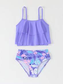 SHEIN 少女热带花卉印花吊带比基尼泳衣，紫色针织面料细肩带比基尼两件套，时尚休闲优雅泳装，适合游泳、海滩、度假等场合。少女泳装，少女泳衣，女童泳装，青少年泳装，全包臀比基尼套装，少女两件式泳衣，可爱女童泳装，青少年吊带比基尼泳衣，少女泳装 - 紫色 - 查看 5