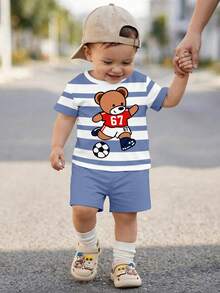 SHEIN Baby Boy Casual Minimalist T-Shirt Set Suitable For Summer, Classic Striped Print, Cute Cartoon 67 Football Bear Graphic Print - Multicolor - View 2