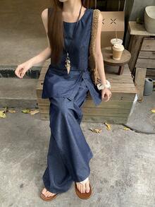 DAZY Women's Crew Neck Cropped Denim Vest And Wrap-Style Maxi Skirt Pants Denim Set, Stylish Vacation Vibe - Dark Wash - View 4