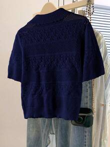 Versatile Solid Color Short Sleeve Hollow-Out Knit Top - Royal Blue - View 2