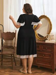 Côtesoire 大码女式撞色蕾丝纽扣设计优雅睡裙 - 黑色 - 查看 2