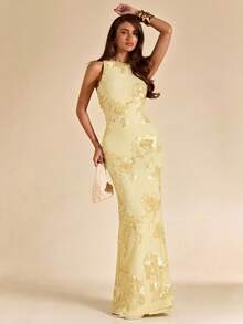 SHEIN BAE Elegantes, hellgelbes Sommerkleid für Damen, ideal als Hochzeitsgast, ärmelloses, figurbetontes Abendkleid aus strukturiertem Jacquard-Stoff, einfarbiges Kleid für Cocktailpartys, Urlaub und Strand - Gelb - Übersicht 5