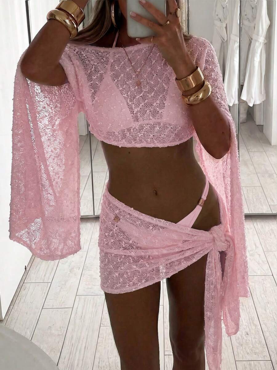 Aloruh 女士春夏新款两件套，提花纹理面料披肩上衣搭配裹身式迷你裙，沙滩/度假装 - 淺粉色 - 查看 1