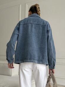 Women's Long Sleeve Single-Breasted Casual Pocket Denim Jacket - Blue - View 5