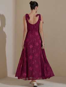 BELROSIE French Design Luxurious Elegant Burn-Out Camisole Tie-Up Waist Flared Sleeveless Dress - Burgundy - View 2