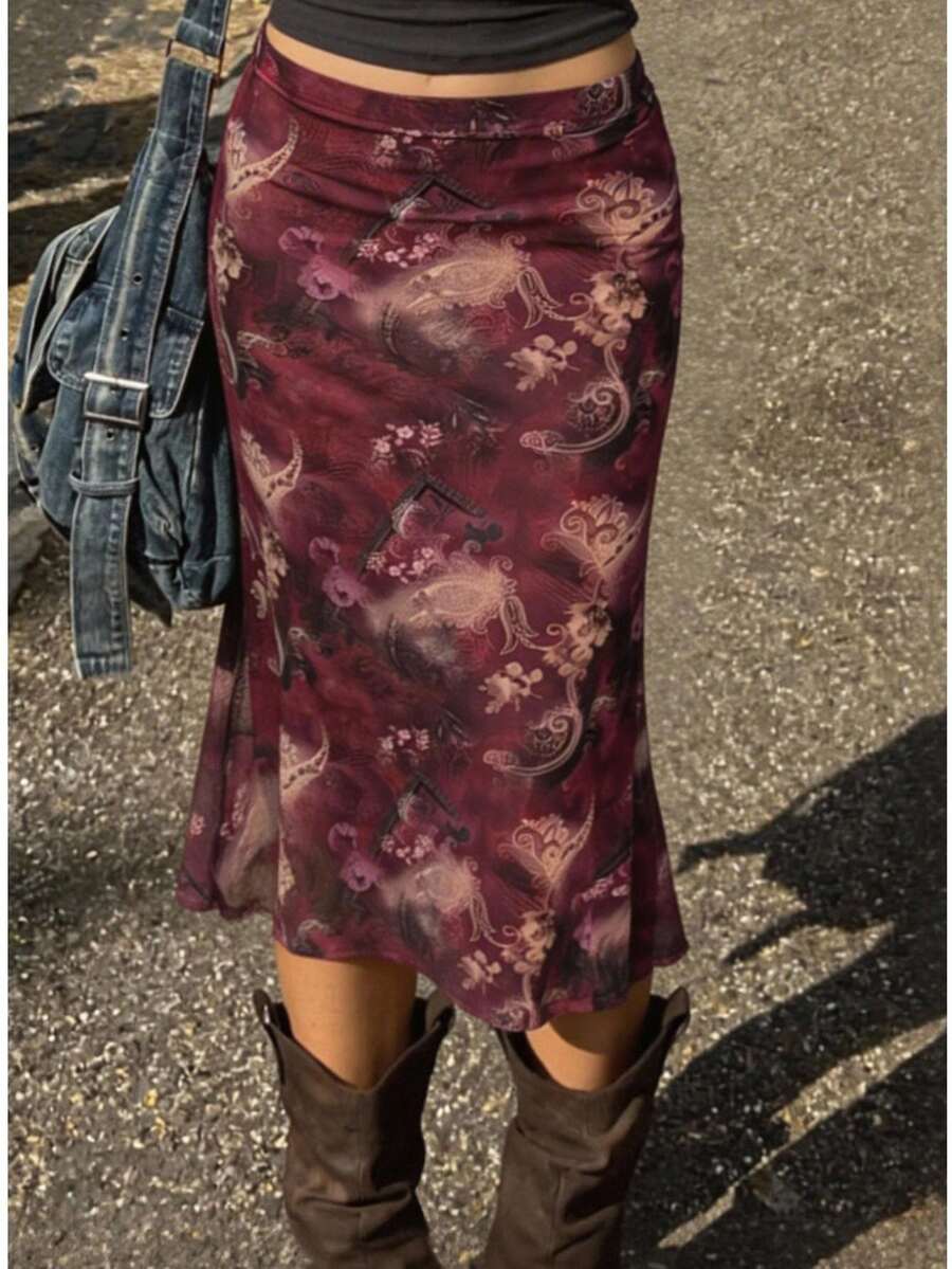 SHEIN EZwear 印花网纱时尚修身半身裙，适合日常穿着 - 紫色 - 查看 1