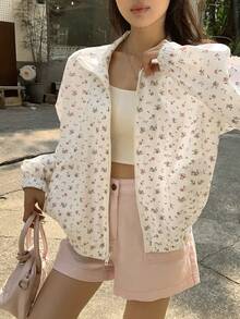DAZY Spring Cotton Ditsy Floral Casual Loose Fit Outdoor Jacket, White - White - View 3
