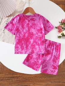Young Girl Tie-Dye Print Round Neck Short Sleeve T-Shirt And Shorts Casual Set,Girls Outfit Sets,SummerOutfit,Utilitarian Chic - Pink - View 2