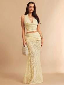 Silquee 女士优雅纯色蕾丝深V领露背吊带上衣，夏季 - 淡黃色 - 查看 7