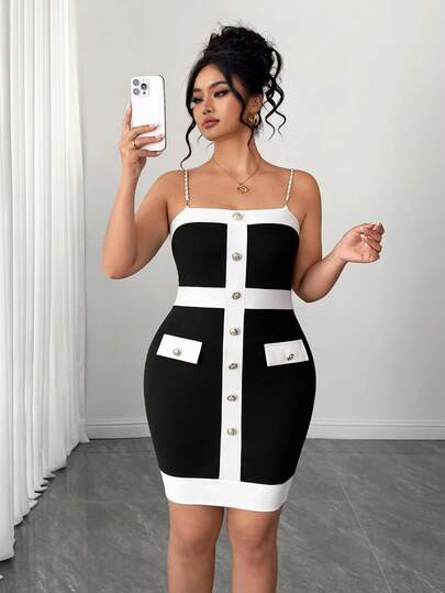 Elenzga Đầm ôm sát cơ thể thời trang thanh lịch dành cho nữ, dây đeo kim loại, cúc phối màu tương phản.
