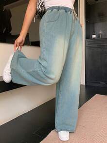 Dazy Plus Plus Size Elastic Waist Drawstring Tie Loose Wide Leg Vintage Washed Faded Long Denim Jeans, All Season,Baggy Jeans - Light Wash - View 3