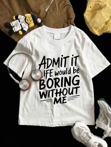 SHEIN Playful Pals Camiseta de manga corta de cuello redondo con estampado de lema de letra linda para bebé niño casual, verano - Blanco - Ver 5