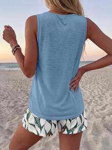Sylviya 女士休闲圆领背心短裤套装（2件套），适合夏季穿着 - 藍色 - 查看 2