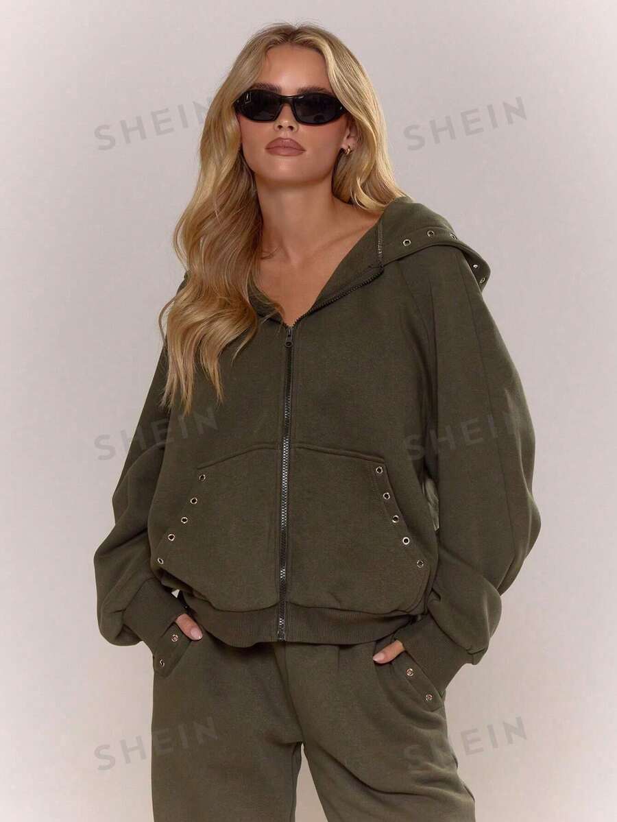 MUSERA 镂空装饰细节拉链连帽衫上衣家居服酷女孩街头风舒适日常秋冬休闲 - 軍綠色 - 查看 1