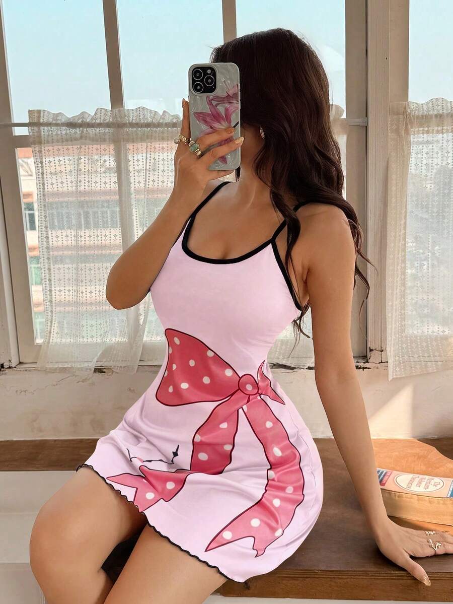 Softscene 超大蝴蝶结印花可爱针织短款吊带睡裙 - 彩色 - 查看 1