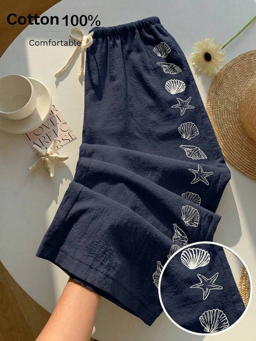 Comfortcana Women's Summer Drawstring Waist Starfish & Shell Print Casual Wide Leg Pants, Versatile Daily Wear, Spring Outfit, Navy Blue - Navy Blue - View 1