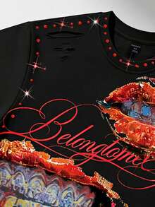 ROMWE MEN 2026 Nueva camiseta de verano estampada, camiseta de manga corta casual con adornos de strass de moda, camiseta unisex para parejas - Negro - View 4