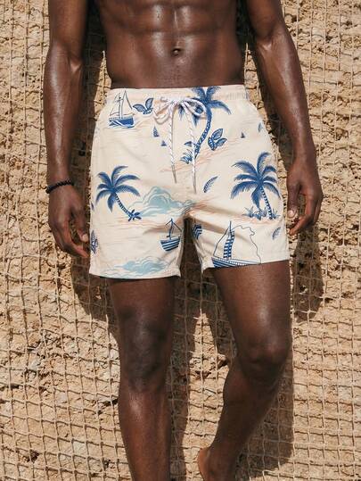 ZELFYO 男士棕榈树图案印花沙滩短裤泳池短裤，适合海滩、度假、夏威夷风情
