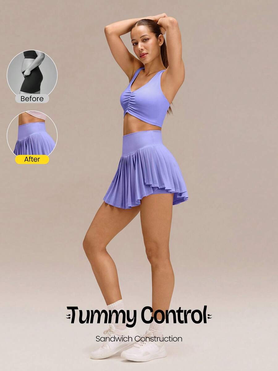 GLOWMODE Váy tennis xếp ly Ace Flex kiểm soát vòng bụng với quần short tích hợp và túi bên hông, thích hợp cho tennis, golf và mặc hàng ngày. - Sương mù hoa oải hương - Xem 1