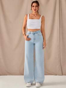 SHEIN Quần jean cạp cao, màu dâu tây, giặt nhẹ, có chi tiết thêu hình trái tim ở phía sau. - Rửa nhẹ - Xem 3