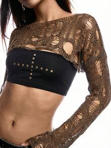 SHEIN EZwear 女式棕色做旧船领性感长袖套头毛衣 - 棕色 - 查看 3