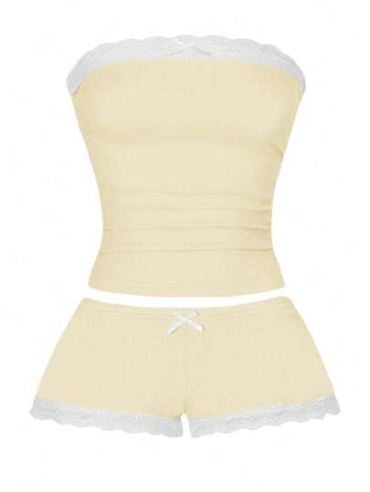Zyxie Women's Contrast Lace Bow Decor Camisole Top And Shorts 2-Piece Set