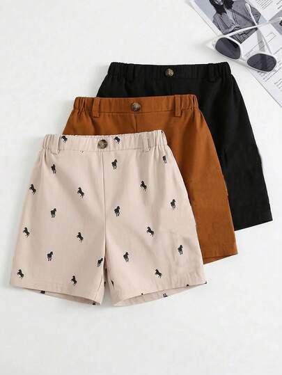 SHEIN 男童简约廓形三件套裤装，卡其色、黑色、小马印花，舒适休闲套装短裤，适合日常穿着、旅行、度假、夏季海滩、春夏等多种场合。