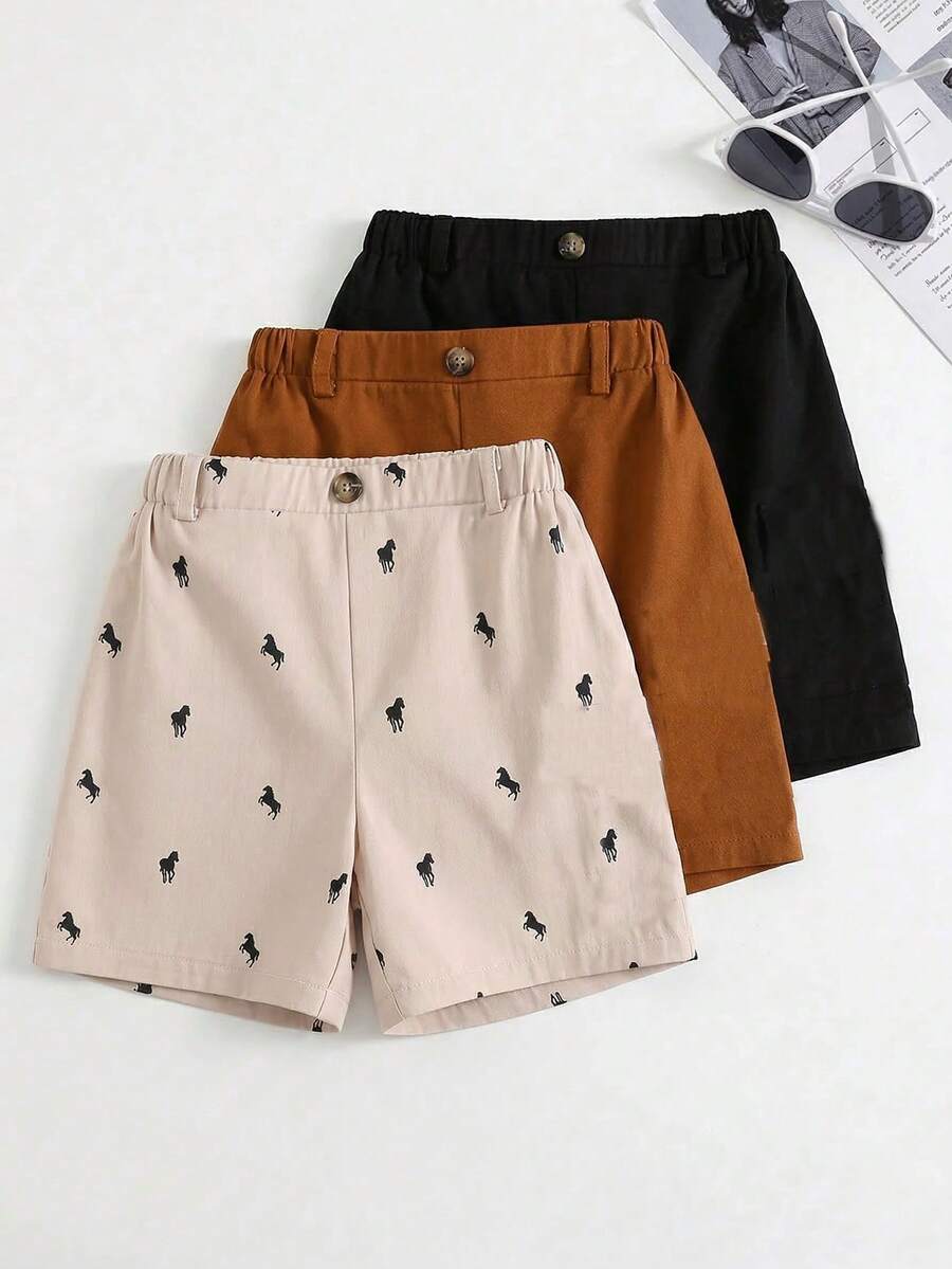 男童简约廓形三件套裤装，卡其色、黑色、小马印花，舒适休闲套装短裤，适合日常穿着、旅行、度假、夏季海滩、春夏等多种场合。 - 彩色 - 查看 1