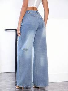 Denimoi 侧穿牛仔裤 时尚街头风个性牛仔裤 - 中等水洗藍 - 查看 4