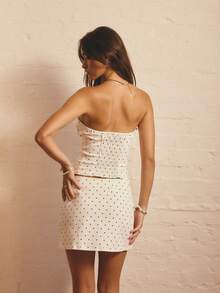 Aralina Strapless Structured Polka Dot Stretch Fabric Body Contouring Feminine Chic  Driven Summer Ready Two Piece Set - Beige - View 2