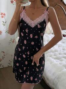 CottageSlumber 女士睡衣罗纹花卉蕾丝边吊带睡裙 - 黑色 - 查看 6