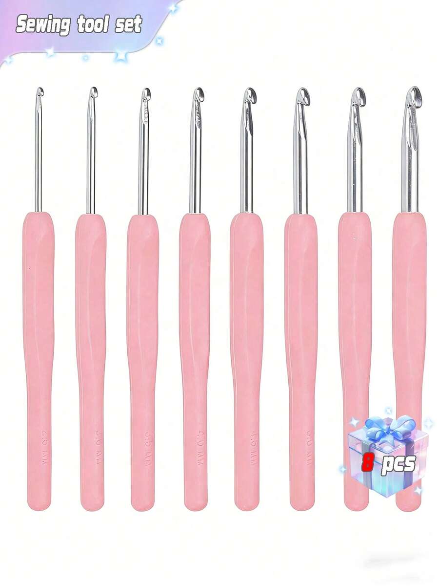 SHEIN 8pcs/Set Aluminum Crochet Hook, Modern Two Tone Crochet Needle For DIY - Pink - View 1