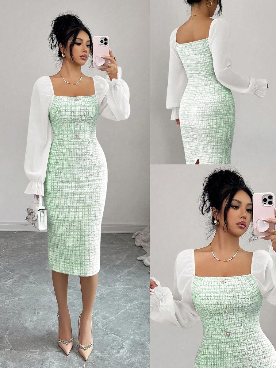 Elenzga Đầm chiffon cổ bẻ phối vải tweed thanh lịch, thích hợp cho hẹn hò/nghỉ lễ. - màu xanh lá - Xem 1