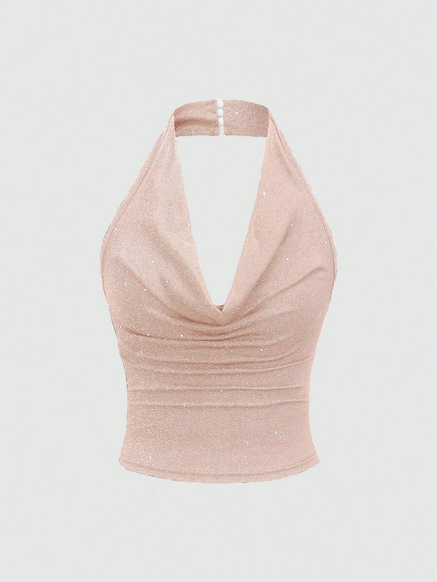 SHEIN PETITE 女士亮片金属针织露背吊带短款上衣，性感紧身吊带背心 - 粉色 - 查看 1