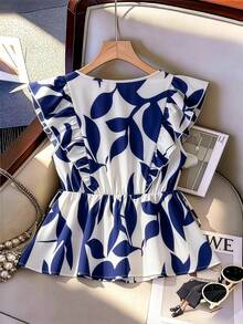 GlowEve CURVE Blouse à volants col V pour femmes grandes tailles, imprimé floral bleu et blanc vintage, ajustée, manches courtes, décontractée, convient pour les vacances, le travail et le port quotidien, été - Bleu et Blanc - Voir 2