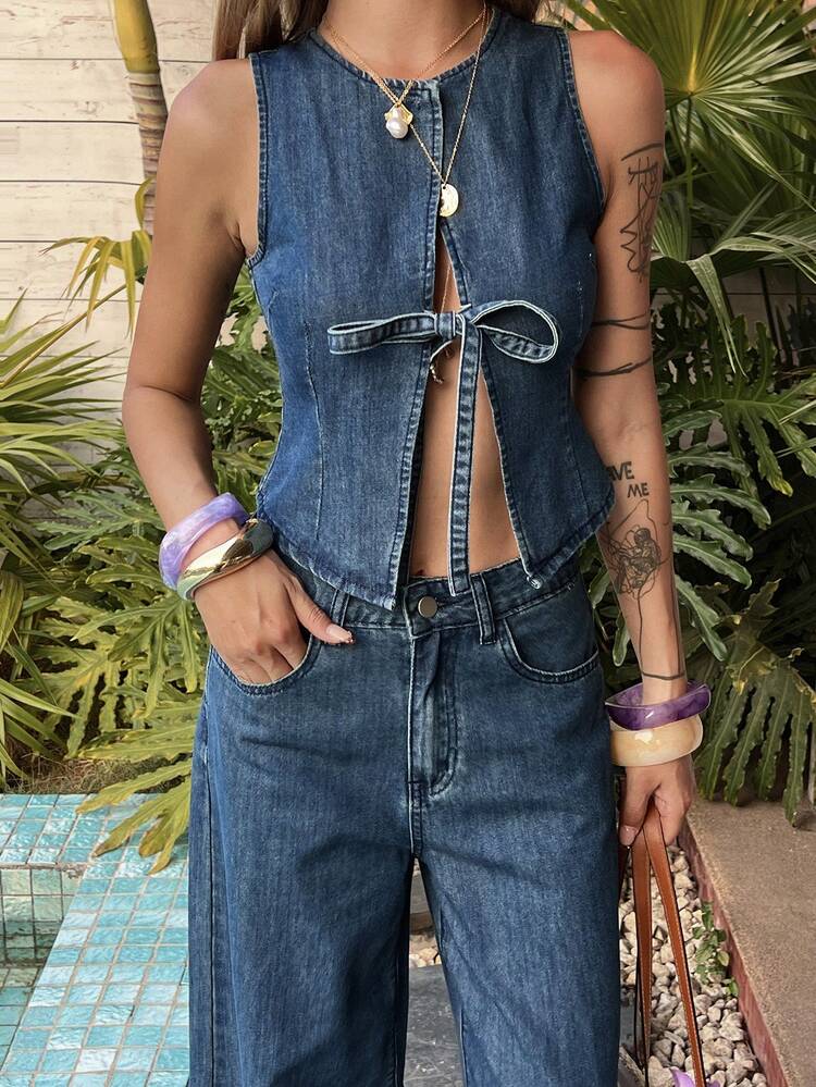 Women's Round Neck Sleeveless Bowknot Vest And Loose Straight Leg Jeans Casual Suit Summer
