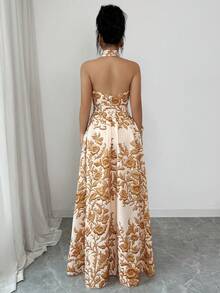 SHEIN Elenzya Vestido de mujer con estampado floral elegante, sin mangas, espalda descubierta, cintura ceñida y cuello - Marrón - Ver 2