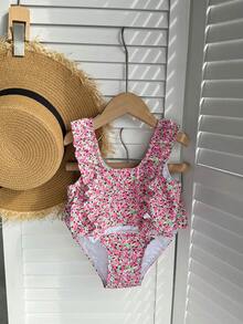 Dazy Kids Bộ đồ bơi tankini viền bèo họa tiết hoa dành cho bé gái (cỡ nhỏ). - Hồng - Xem 3