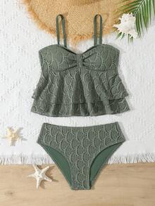 SHEIN 镂空纯色两件式泳衣，适合海滩、度假村和温泉穿着 - 軍綠色 - 查看 3