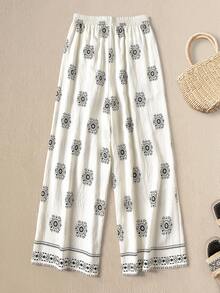 Rusticease Pantalones casuales de pierna ancha con cintura elástica y estampado floral para mujer - Multicolor - Ver 3