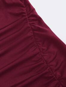 Sweetra 春夏女装黑色针织休闲褶皱修身优雅通勤露肩两穿连衣裙，饰有金属扣环 - 酒紅色 - 查看 5