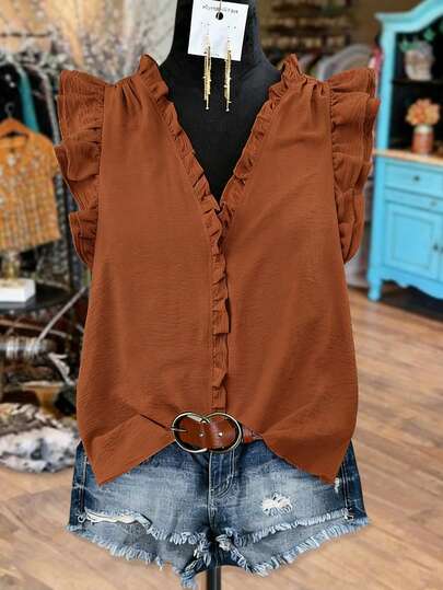 Linhara Versatile Casual Vacation Elegant Soft Comfortable Western Cowgirl Music Festival Suitable For Multiple Occasions Ruffle Collar Decor Double Ruffle Sleeve Plus Size Blouse, Spring/Summer