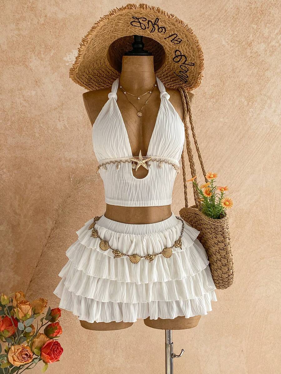 Soleia 女士度假扭结海星贝壳印花上衣和迷你裙两件套 - 白色 - 查看 1