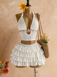 Soleia 女士度假扭结海星贝壳印花上衣和迷你裙两件套 - 白色 - 查看 3