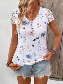 SHEIN Tall Women's Summer Vacation Floral Print Short Sleeve T-Shirt With Ruffle Trim - White - View 4